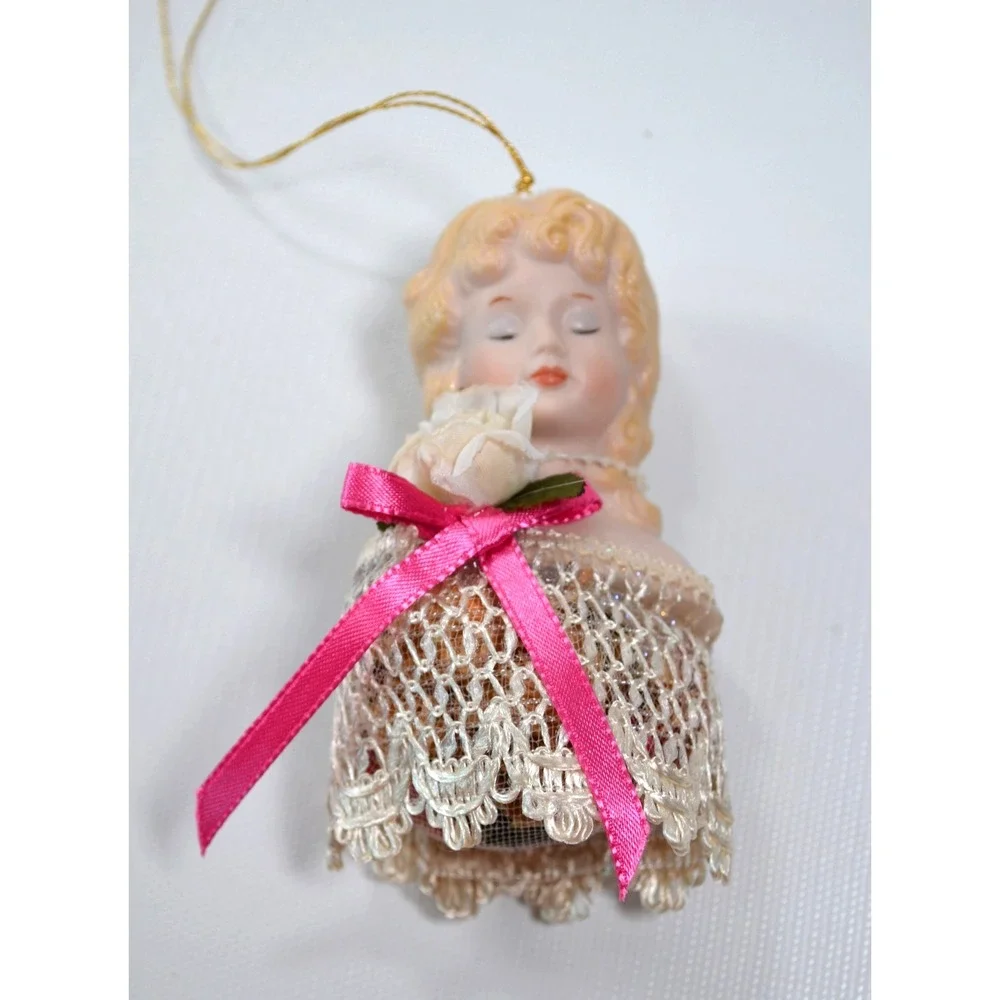Vintage Victorian Style Hanging Christmas Tree Ornament Satchel Bisque Face 9